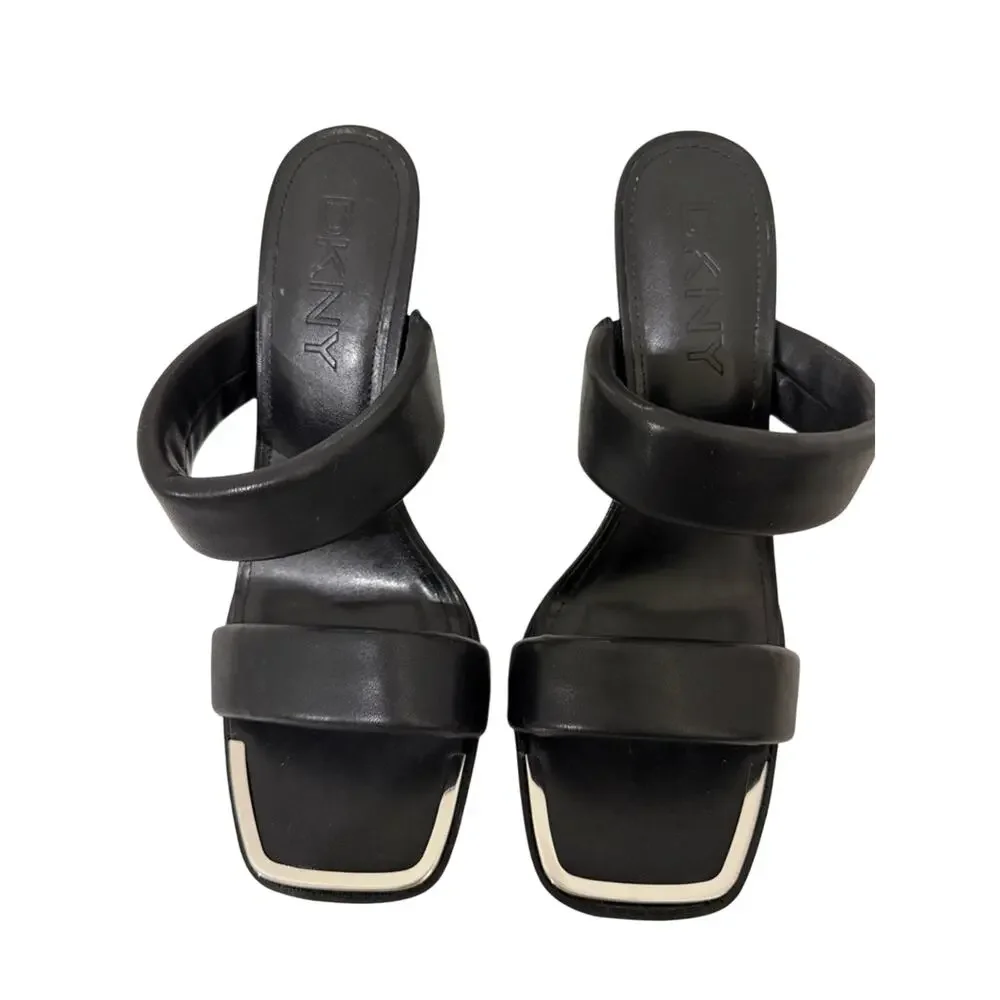 DKNY Ralia Leather Double Padded Strap Black Heels Square Toe| 9.5